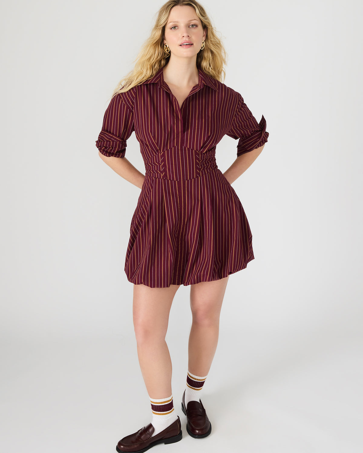 Steve Madden ARIELLE Wine Long-Sleeved Button-Up Bubble Women's Dress