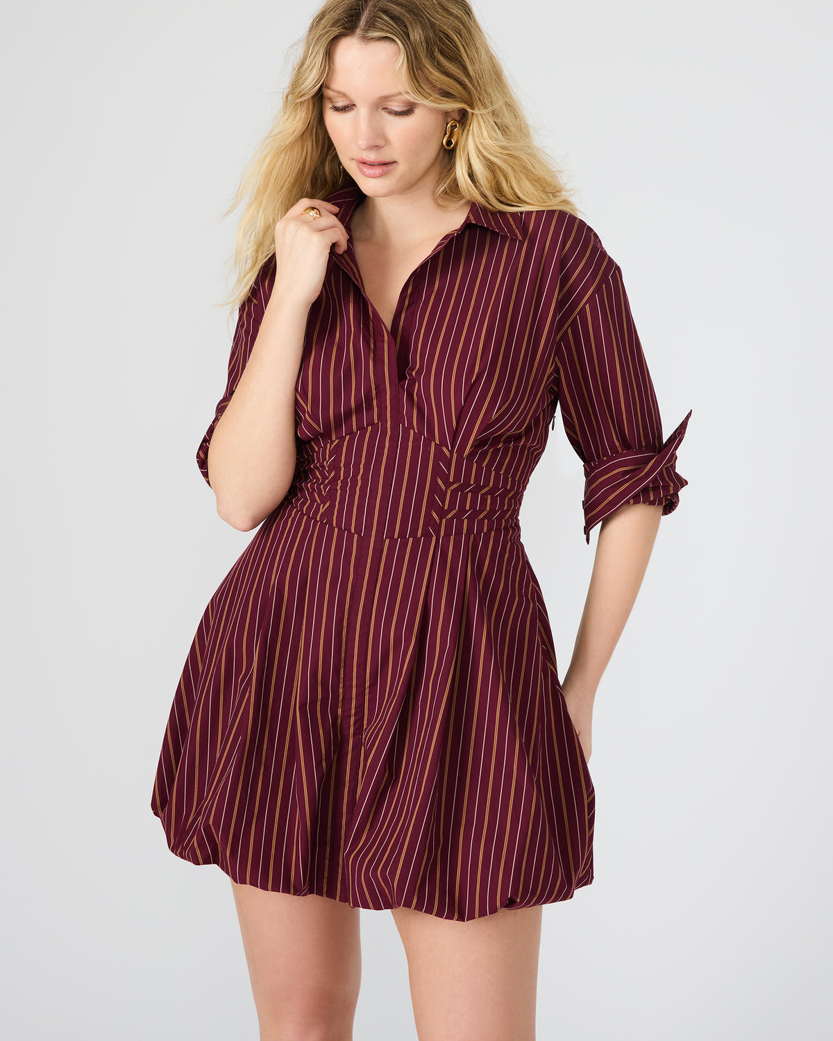 Steve Madden ARIELLE Wine Long-Sleeved Button-Up Bubble Women's Dress