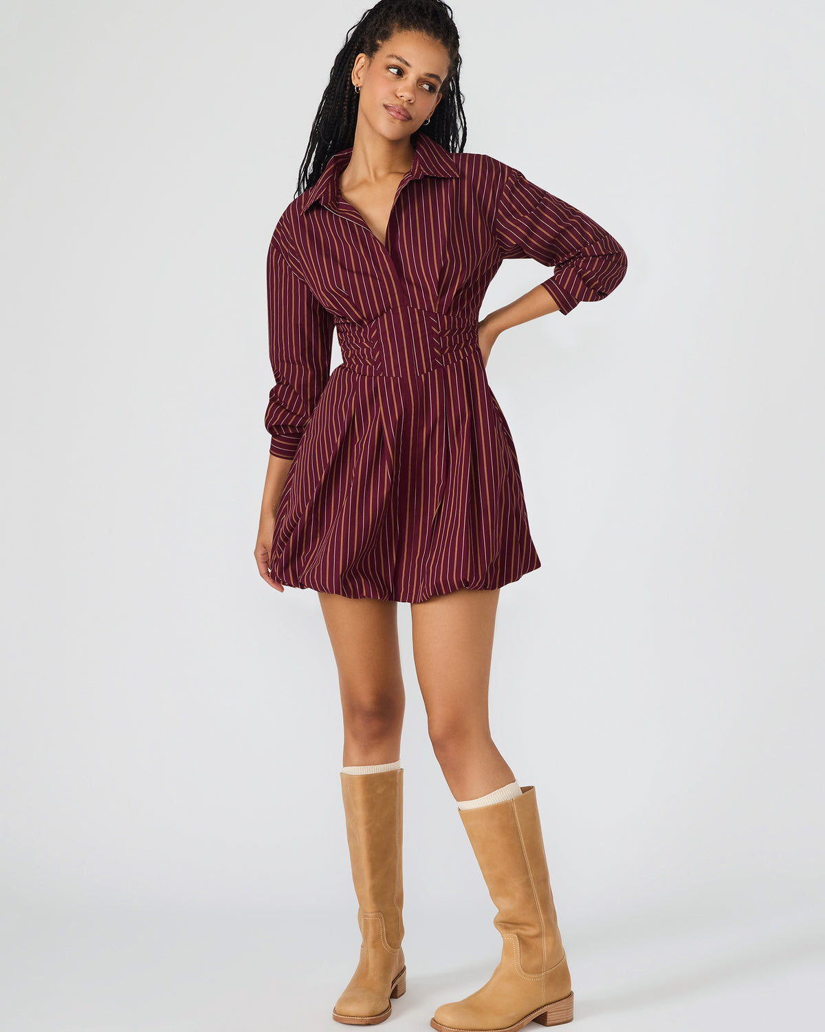 Steve Madden ARIELLE Wine Long-Sleeved Button-Up Bubble Women's Dress