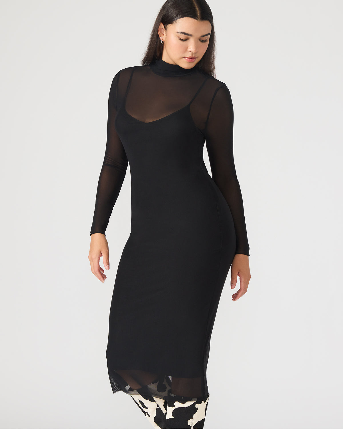 Steve Madden HAILEE Black Long-Sleeved Mesh Pull-On Mock Neck Midi Women's Dress