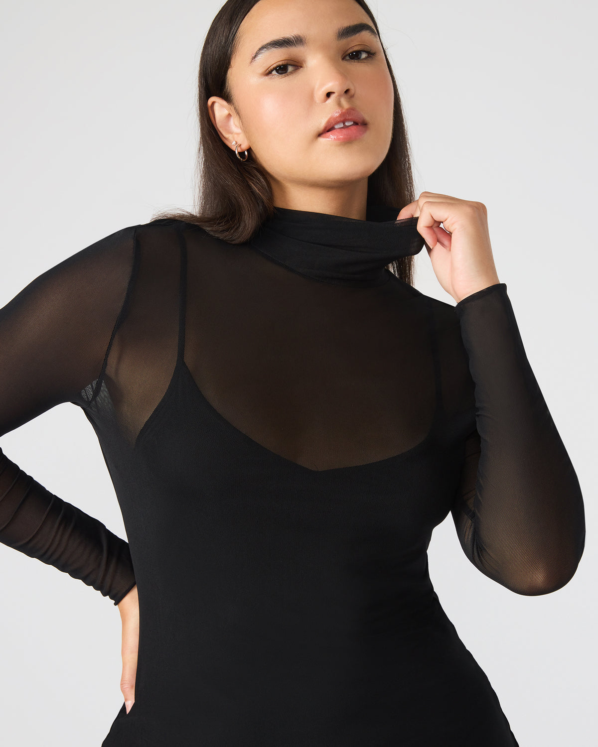 Steve Madden HAILEE Black Long-Sleeved Mesh Pull-On Mock Neck Midi Women's Dress