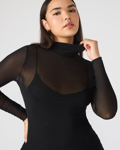 Steve Madden HAILEE Black Long-Sleeved Mesh Pull-On Mock Neck Midi Women's Dress