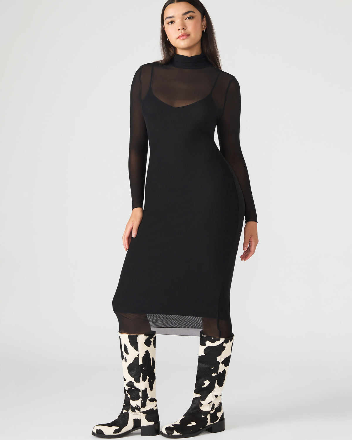 Steve Madden HAILEE Black Long-Sleeved Mesh Pull-On Mock Neck Midi Women's Dress