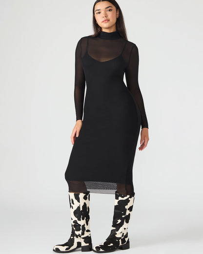 Steve Madden HAILEE Black Long-Sleeved Mesh Pull-On Mock Neck Midi Women's Dress