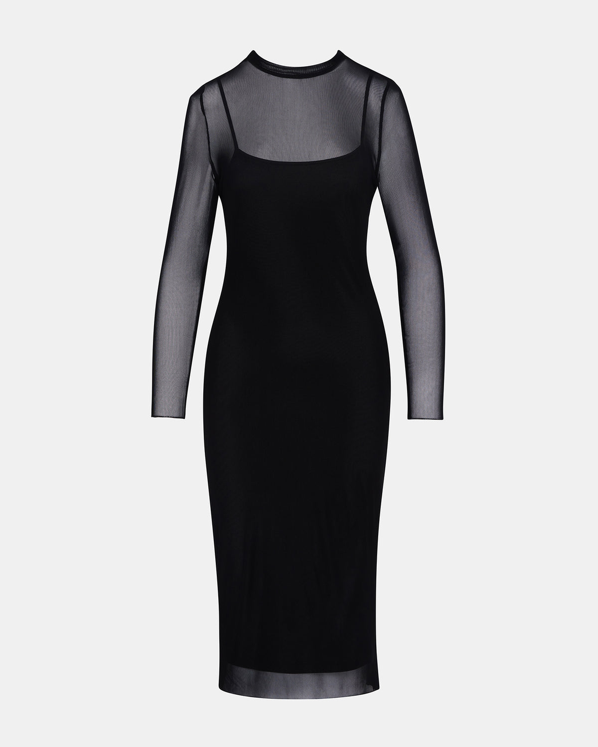 Steve Madden HAILEE Black Long-Sleeved Mesh Pull-On Mock Neck Midi Women's Dress