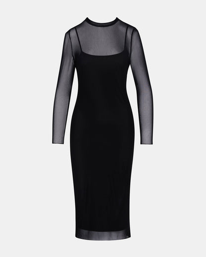Steve Madden HAILEE Black Long-Sleeved Mesh Pull-On Mock Neck Midi Women's Dress