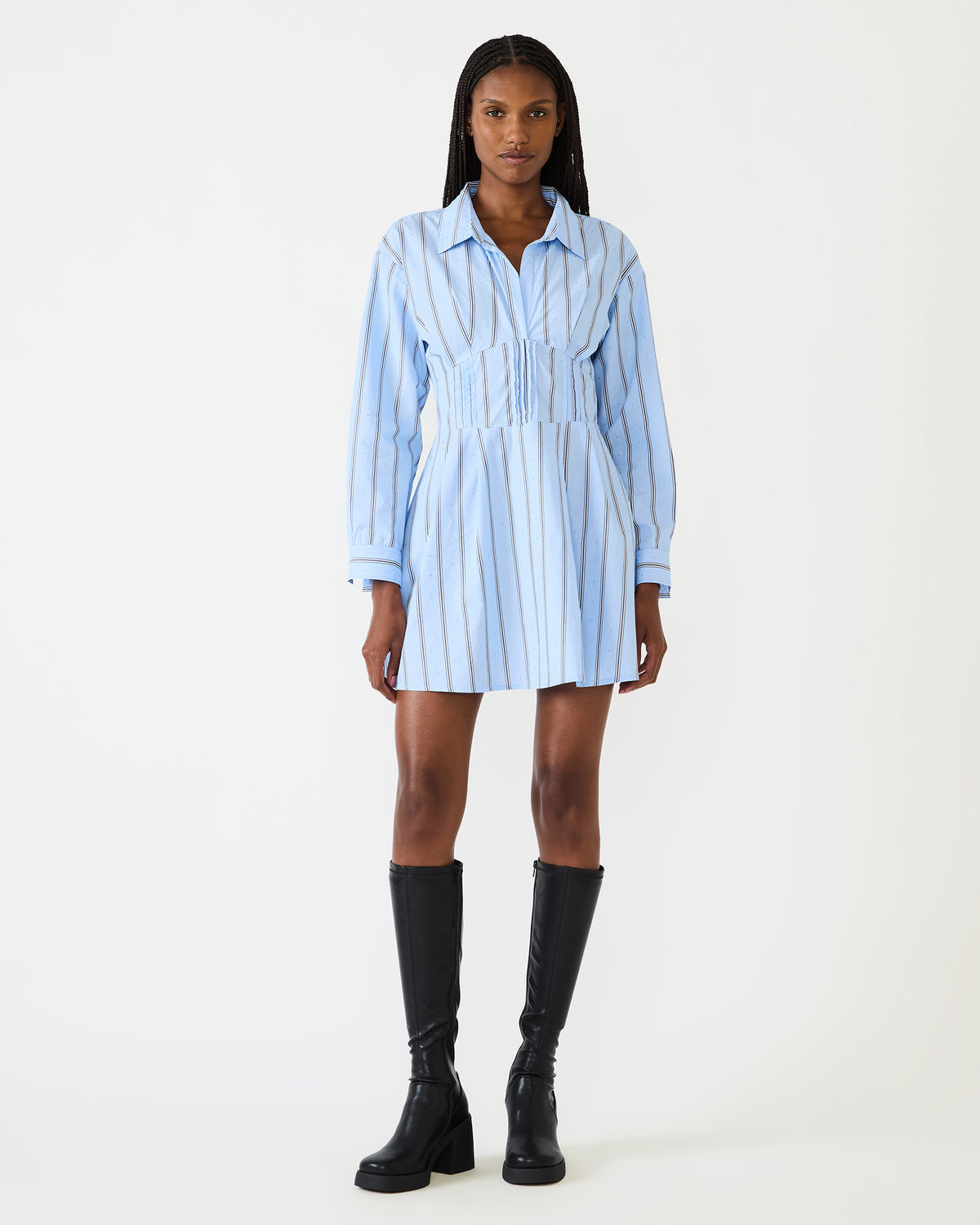 Steve Madden ARIANY Estate Blue Long-Sleeved Collared Neckline Women's Dress