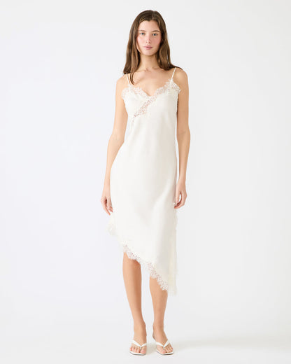 Steve Madden DANNA Cream Asymmetrical Lace Trim Women's Midi Dress