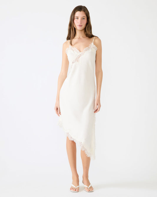 Steve Madden DANNA Cream Asymmetrical Lace Trim Women's Midi Dress