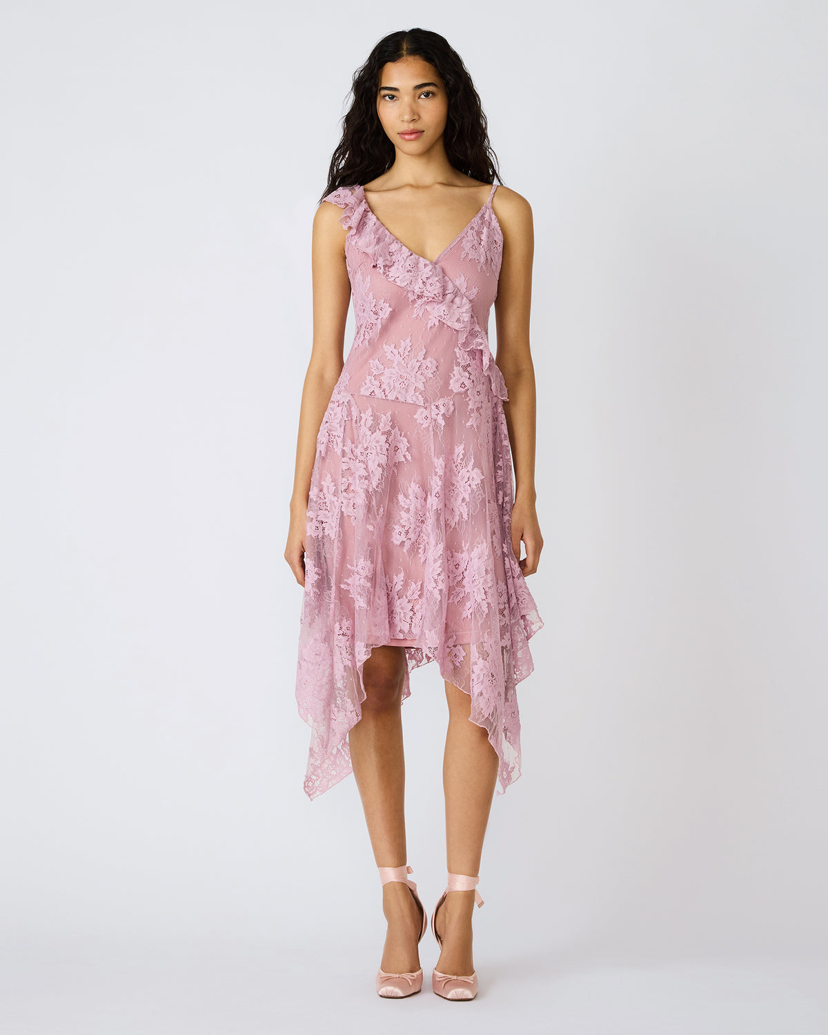 Steve Madden DARIELLA Mauve Shadows Sleeveless Asymmetrical Ruffle Lace Mesh Women's Midi Dress