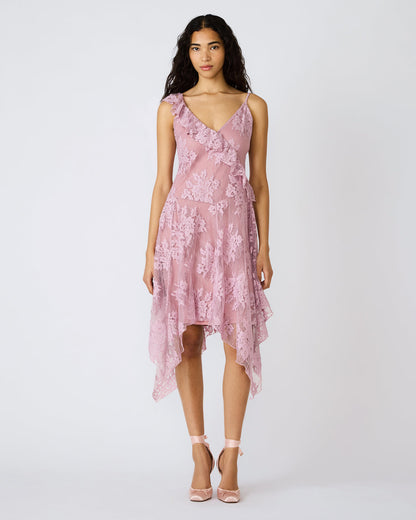 Steve Madden DARIELLA Mauve Shadows Sleeveless Asymmetrical Ruffle Lace Mesh Women's Midi Dress
