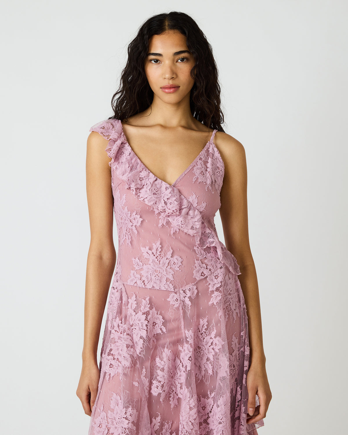Steve Madden DARIELLA Mauve Shadows Sleeveless Asymmetrical Ruffle Lace Mesh Women's Midi Dress
