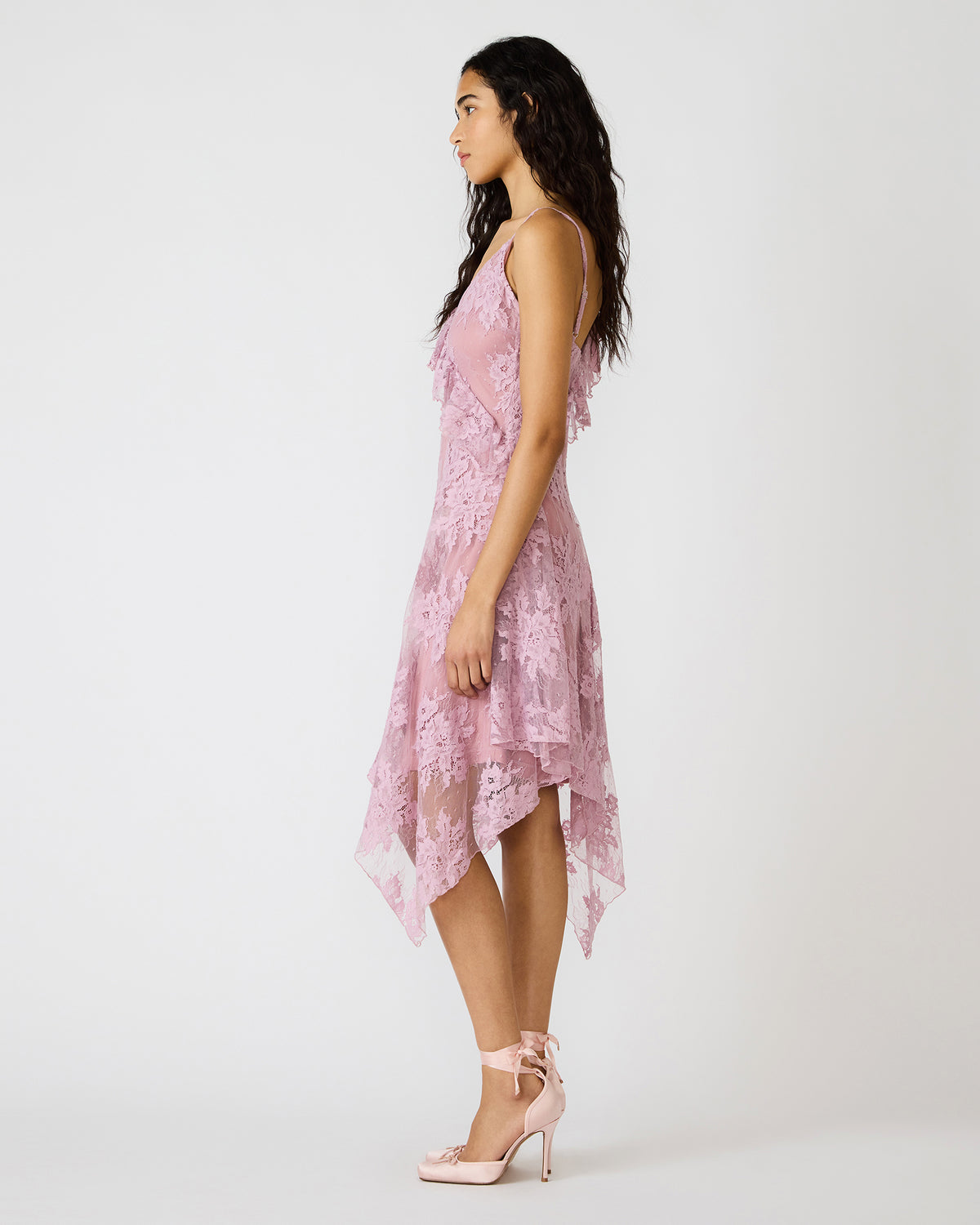 Steve Madden DARIELLA Mauve Shadows Sleeveless Asymmetrical Ruffle Lace Mesh Women's Midi Dress