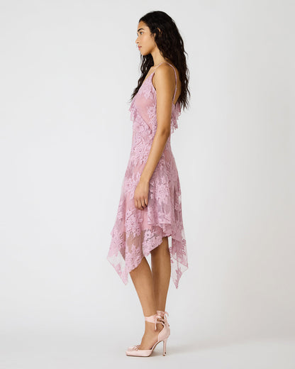 Steve Madden DARIELLA Mauve Shadows Sleeveless Asymmetrical Ruffle Lace Mesh Women's Midi Dress