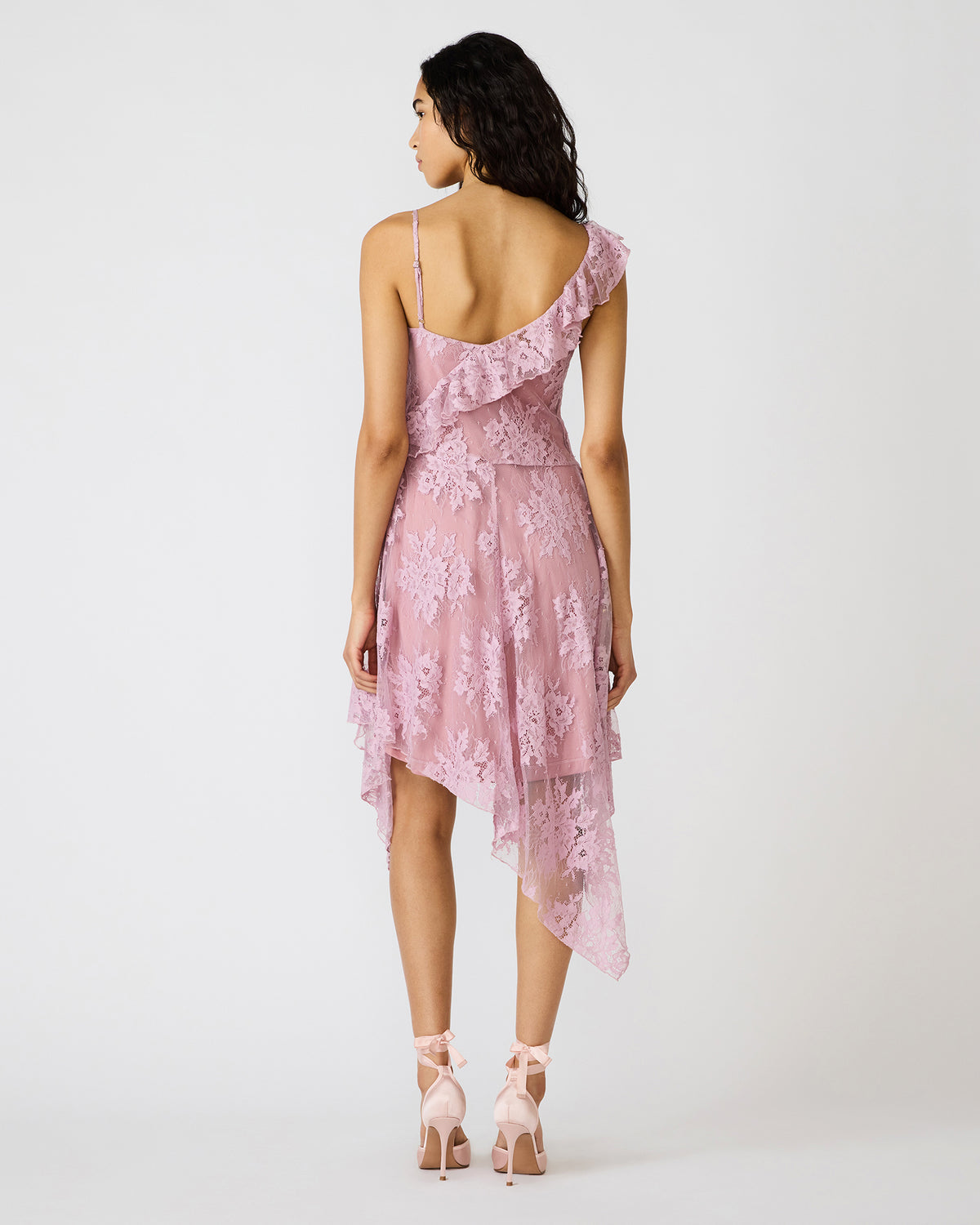 Steve Madden DARIELLA Mauve Shadows Sleeveless Asymmetrical Ruffle Lace Mesh Women's Midi Dress