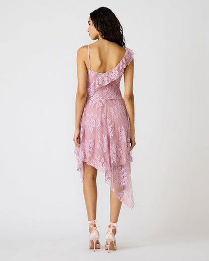 Steve Madden DARIELLA Mauve Shadows Sleeveless Asymmetrical Ruffle Lace Mesh Women's Midi Dress