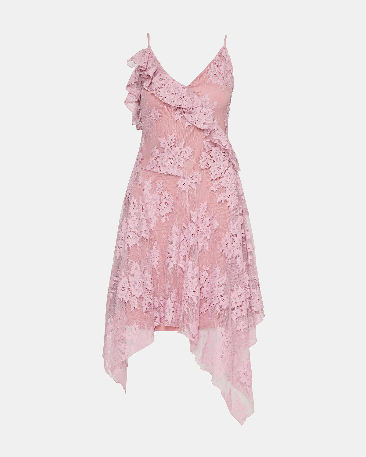Steve Madden DARIELLA Mauve Shadows Sleeveless Asymmetrical Ruffle Lace Mesh Women's Midi Dress