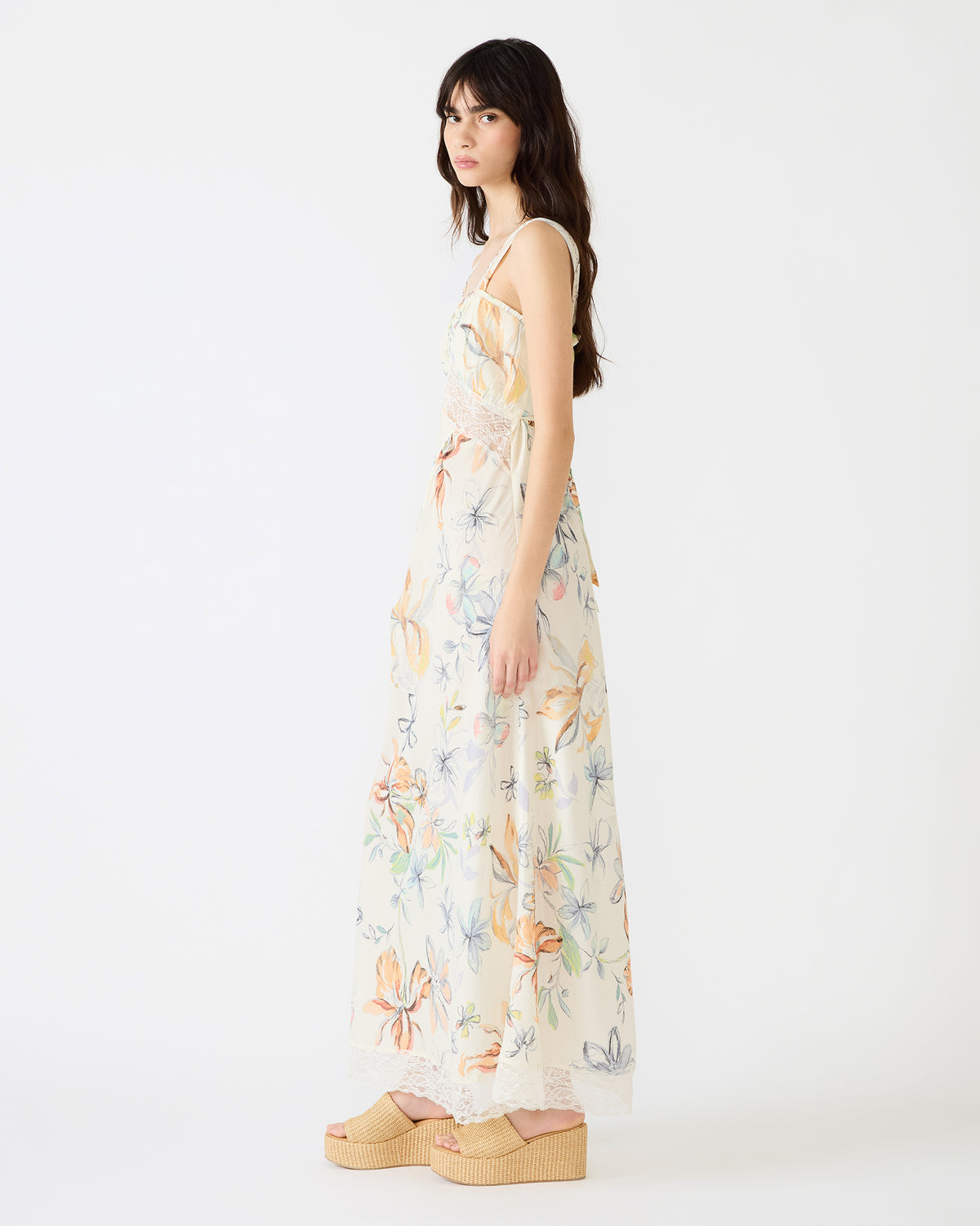 Steve Madden ALEXUS Vintage Ivory Flowy Lace Trim Flowy Women's Maxi Dress