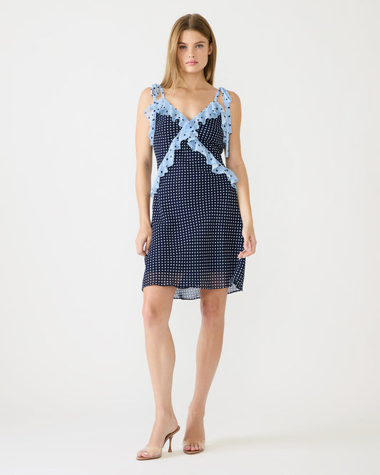 Steve Madden ADALINA Vintage Navy Polka Dot Ruffle Flowy Women's Mini Dress