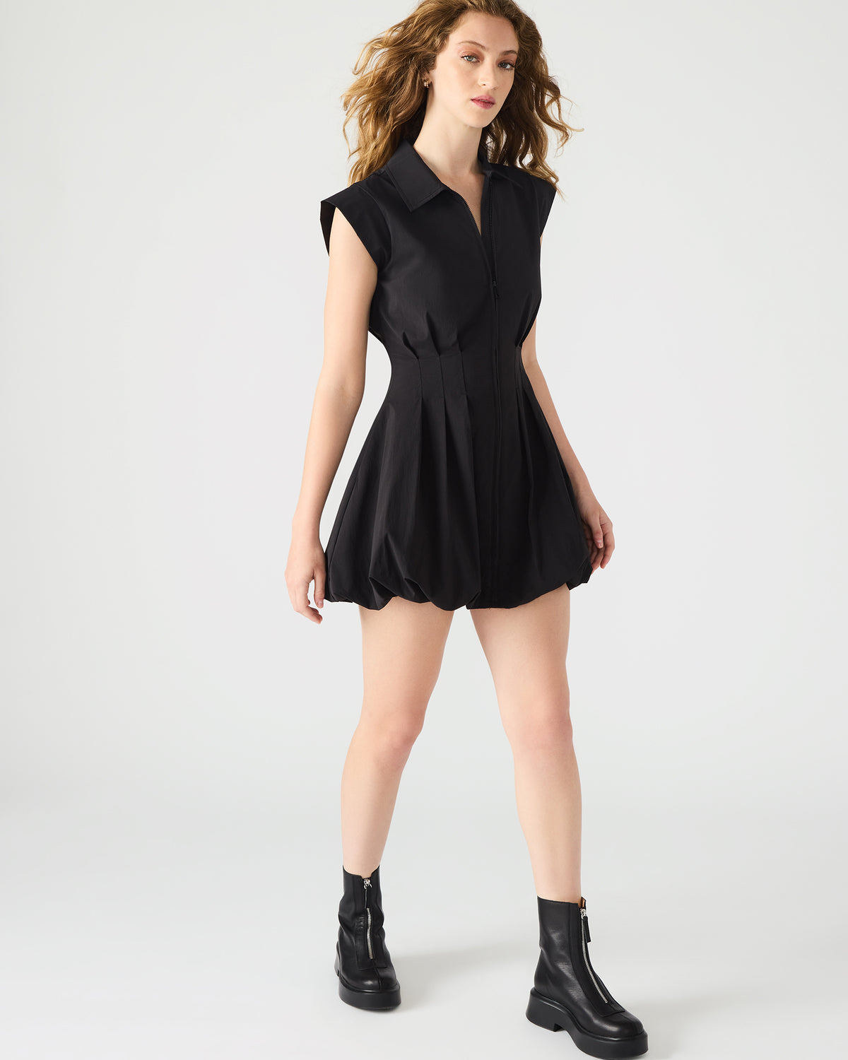 Steve Madden DYANNE Black Women's Zip-Front Bubble-Hem Dress