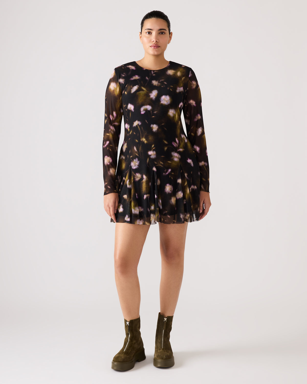 Steve Madden BLISS Black Ditsy Floral Long-Sleeved Floral Print Mesh Sheer Mini Women's Dress