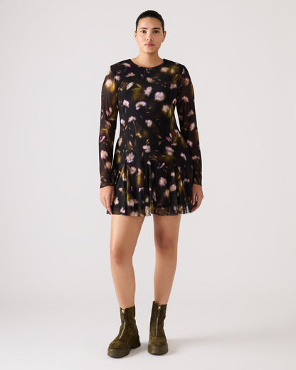 Steve Madden BLISS Black Ditsy Floral Long-Sleeved Floral Print Mesh Sheer Mini Women's Dress