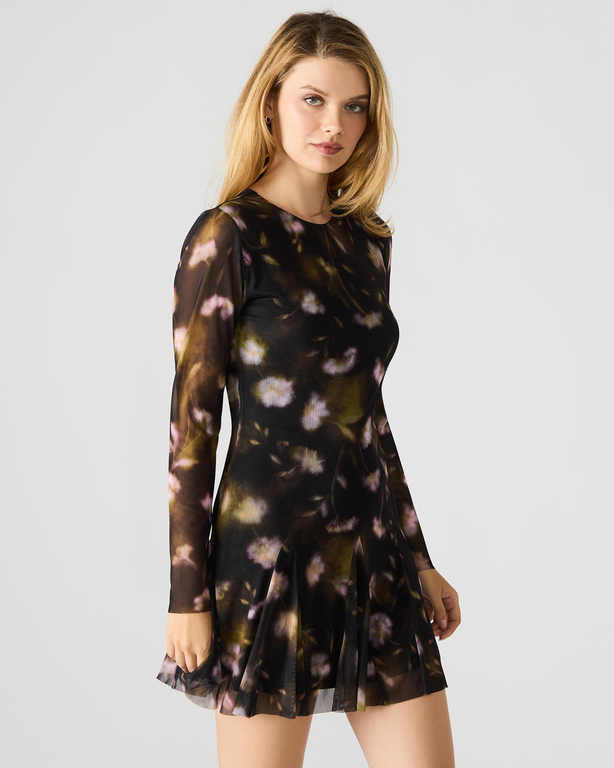 Steve Madden BLISS Black Ditsy Floral Long-Sleeved Floral Print Mesh Sheer Mini Women's Dress