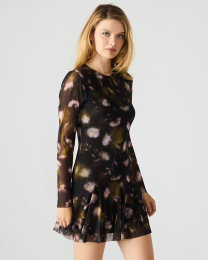 Steve Madden BLISS Black Ditsy Floral Long-Sleeved Floral Print Mesh Sheer Mini Women's Dress