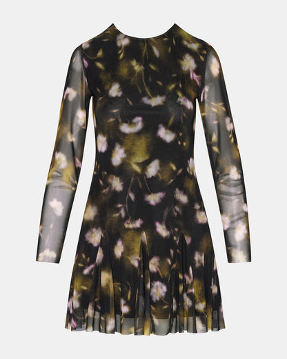Steve Madden BLISS Black Ditsy Floral Long-Sleeved Floral Print Mesh Sheer Mini Women's Dress