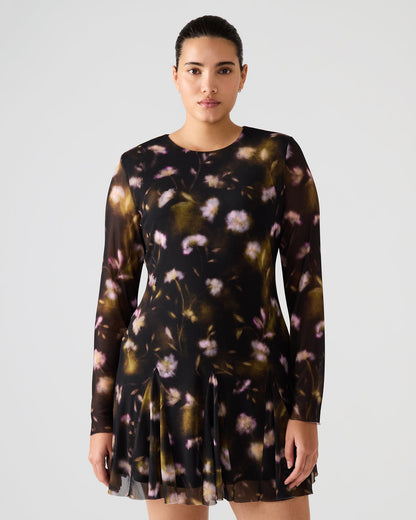Steve Madden BLISS Black Ditsy Floral Long-Sleeved Floral Print Mesh Sheer Mini Women's Dress