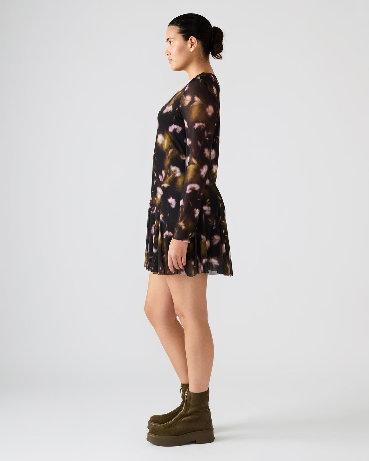 Steve Madden BLISS Black Ditsy Floral Long-Sleeved Floral Print Mesh Sheer Mini Women's Dress