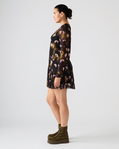 Steve Madden BLISS Black Ditsy Floral Long-Sleeved Floral Print Mesh Sheer Mini Women's Dress