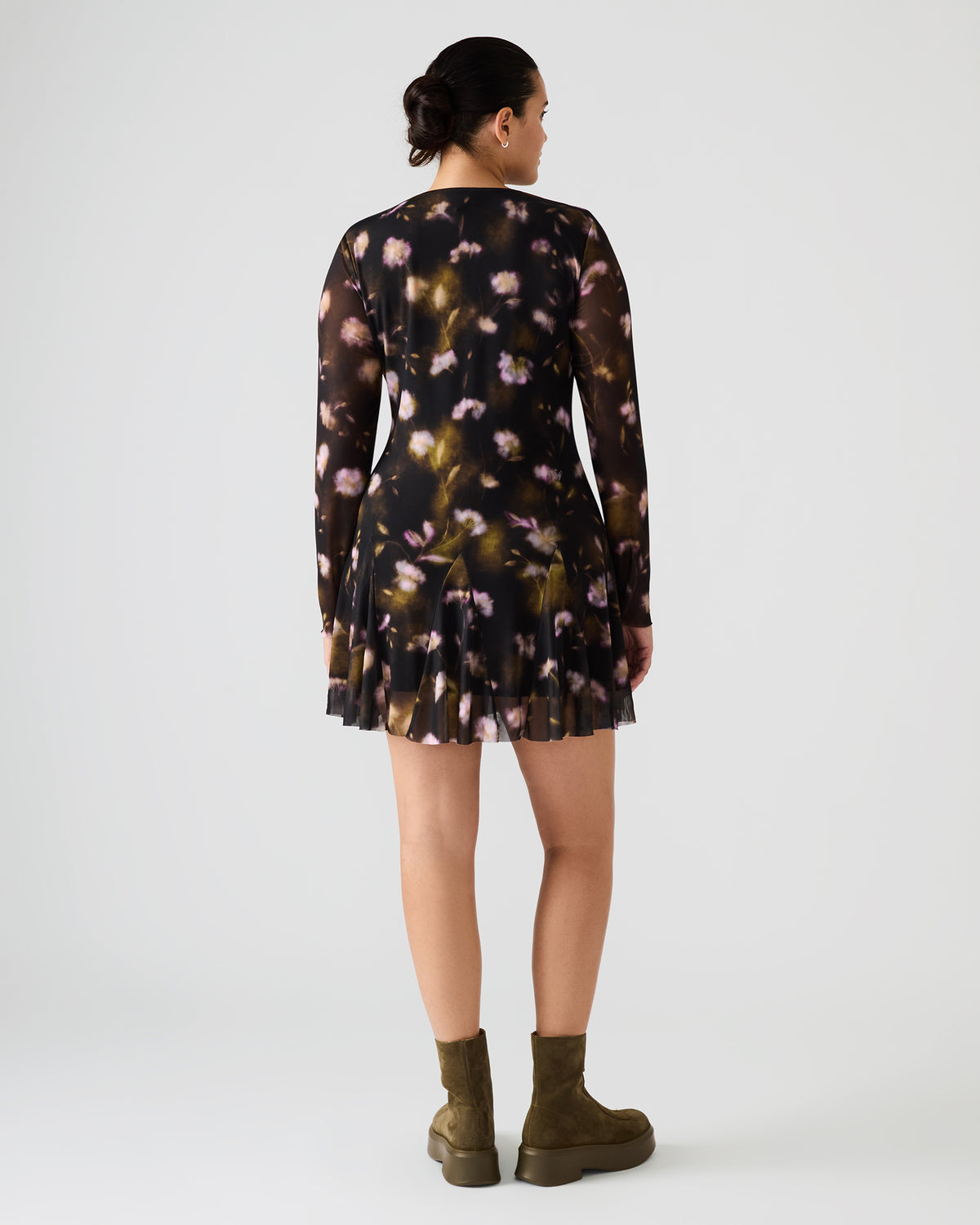 Steve Madden BLISS Black Ditsy Floral Long-Sleeved Floral Print Mesh Sheer Mini Women's Dress