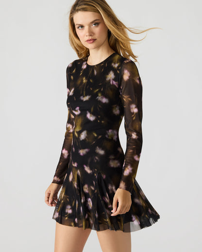 Steve Madden BLISS Black Ditsy Floral Long-Sleeved Floral Print Mesh Sheer Mini Women's Dress