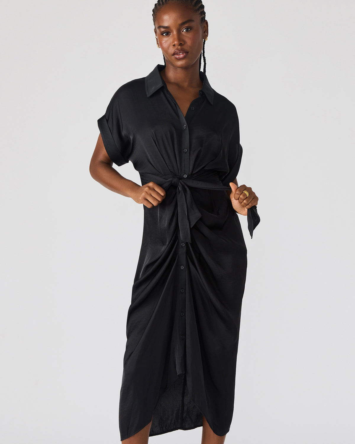 Steve Madden TORI Black Button Up Collared Midi Dress