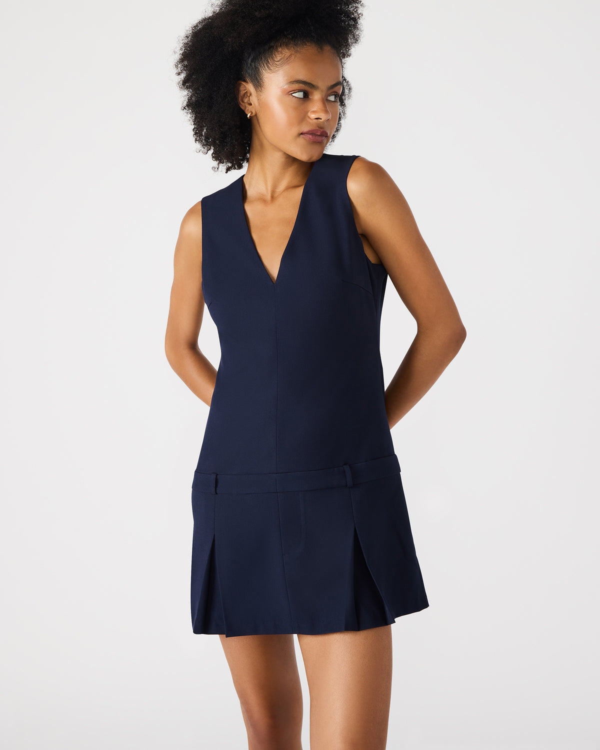 Steve Madden HENLEY Midnight Sleeveless V-neck Mini Pleated Women's Dress