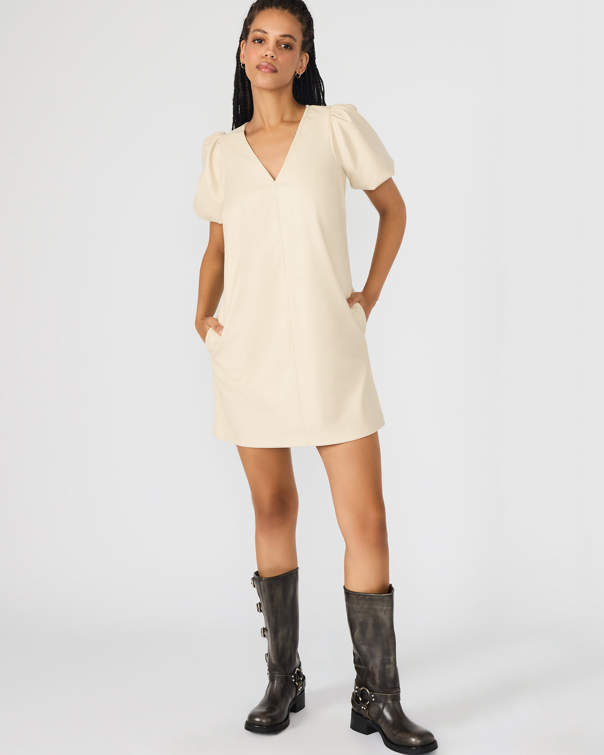 Steve Madden TILLY Bone Short-Sleeved Faux Leather Women's Dress