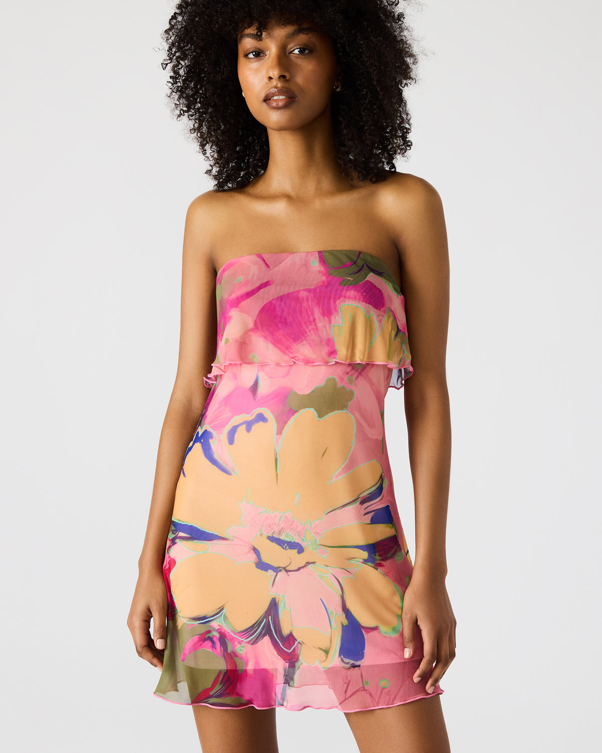 Steve Madden BRYAR Multi Strapless Flowy Mesh Overlay Floral Print Mini Women's Dress