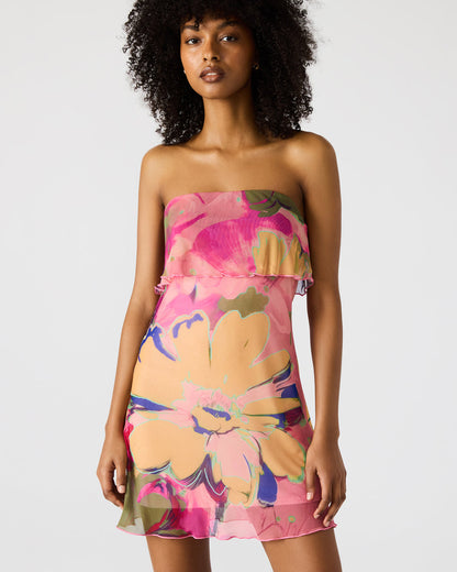 Steve Madden BRYAR Multi Strapless Flowy Mesh Overlay Floral Print Mini Women's Dress