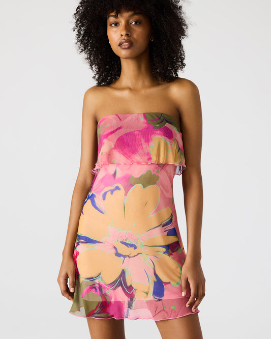 Steve Madden BRYAR Multi Strapless Flowy Mesh Overlay Floral Print Mini Women's Dress