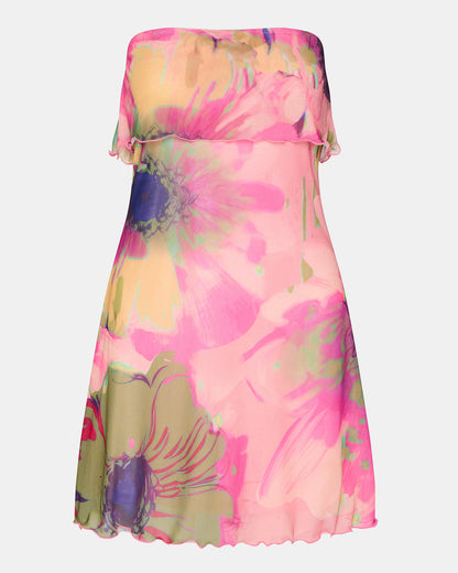 Steve Madden BRYAR Multi Strapless Flowy Mesh Overlay Floral Print Mini Women's Dress