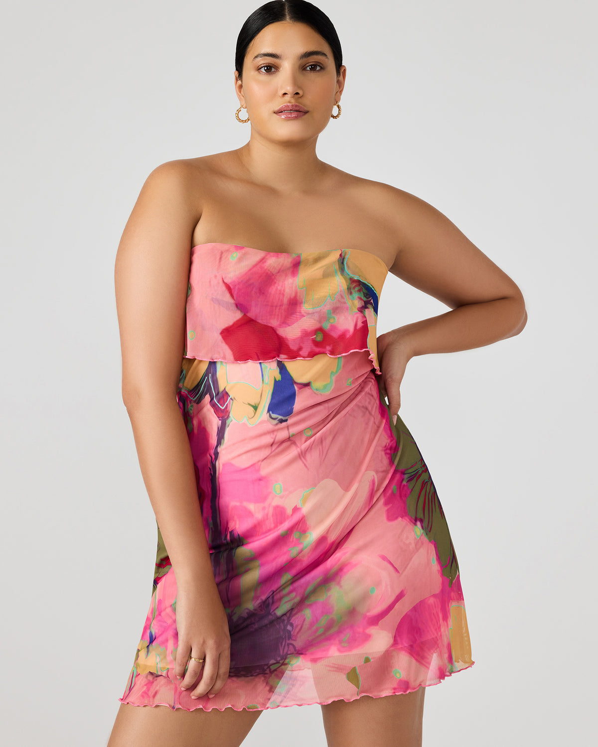 Steve Madden BRYAR Multi Strapless Flowy Mesh Overlay Floral Print Mini Women's Dress