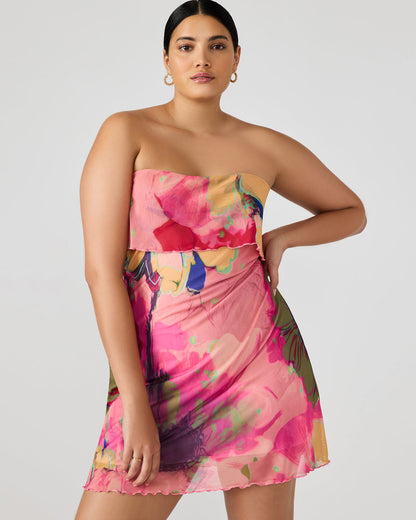 Steve Madden BRYAR Multi Strapless Flowy Mesh Overlay Floral Print Mini Women's Dress