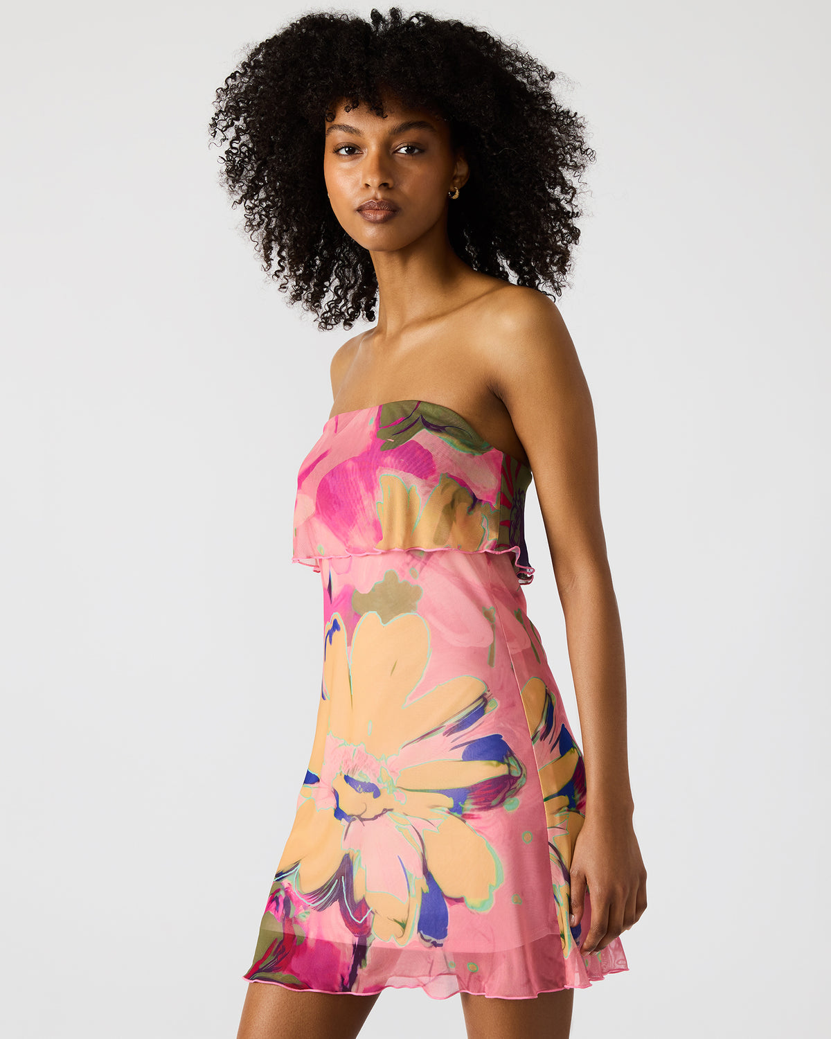 Steve Madden BRYAR Multi Strapless Flowy Mesh Overlay Floral Print Mini Women's Dress
