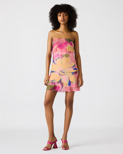 Steve Madden BRYAR Multi Strapless Flowy Mesh Overlay Floral Print Mini Women's Dress
