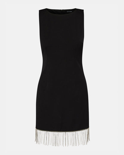Steve Madden ELENORA Dress Black | Women's Sleeveless Bodycon Rhinestone Fringe Dress