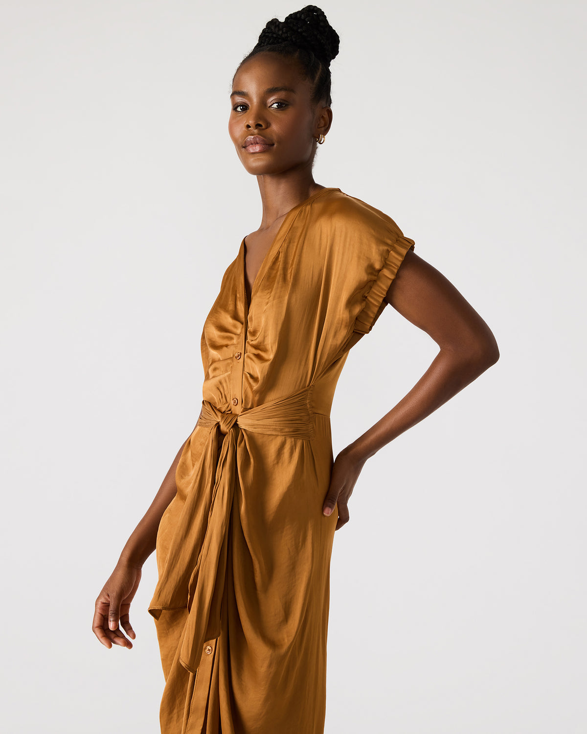 Steve Madden BRUNO Caramel Women's Button-Up Short-Sleeved Midi Dress