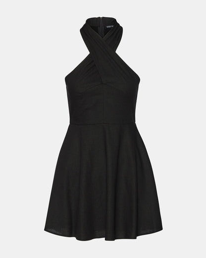 Steve Madden KOSTA Black Women's Mini Halter Cross-Neck Dress