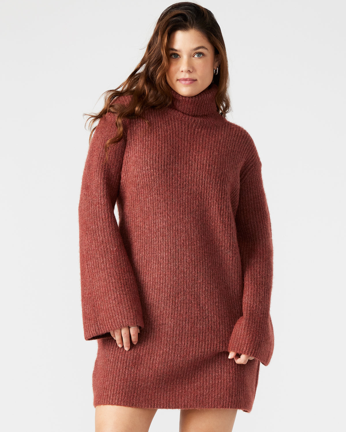 Steve Madden ABBIE Sweater Dress Rust | Mini Turtleneck Flared Sleeve Dress