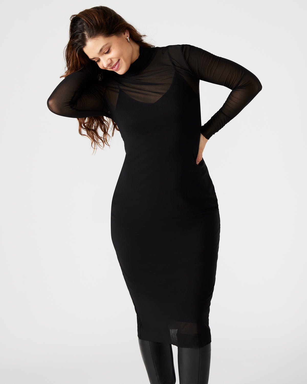 Steve Madden VIVIENNE Black Women's Mock Neck Midi Dress